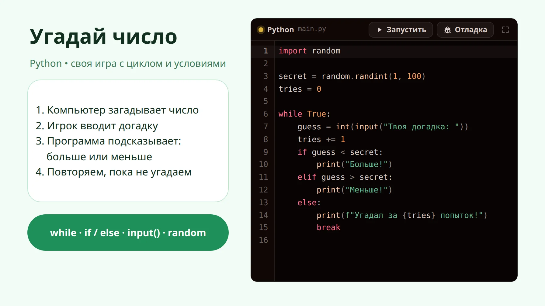 Урок Python: игра «Угадай число» в редакторе кода