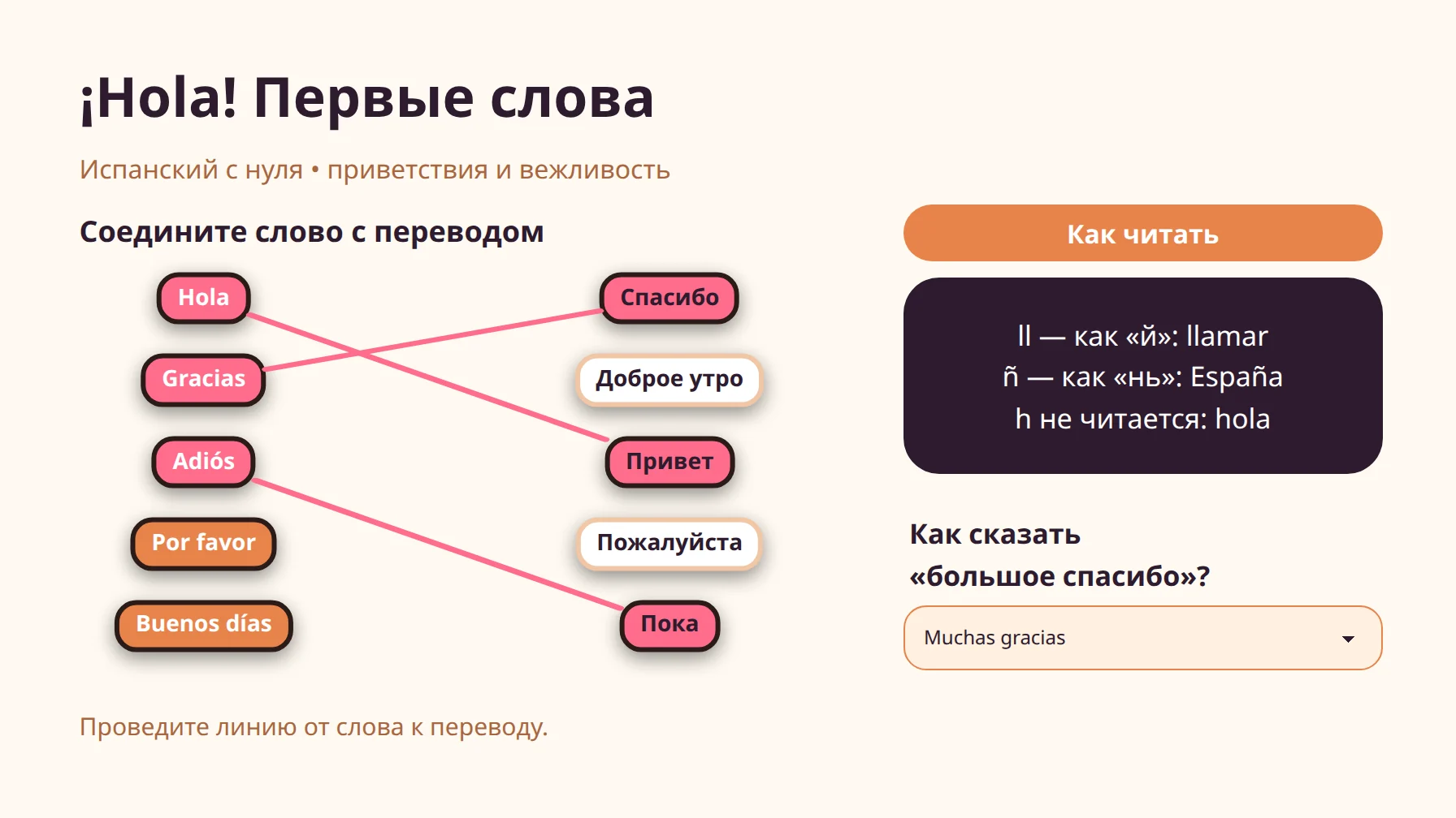 Урок испанского: слова соединены линиями с переводом